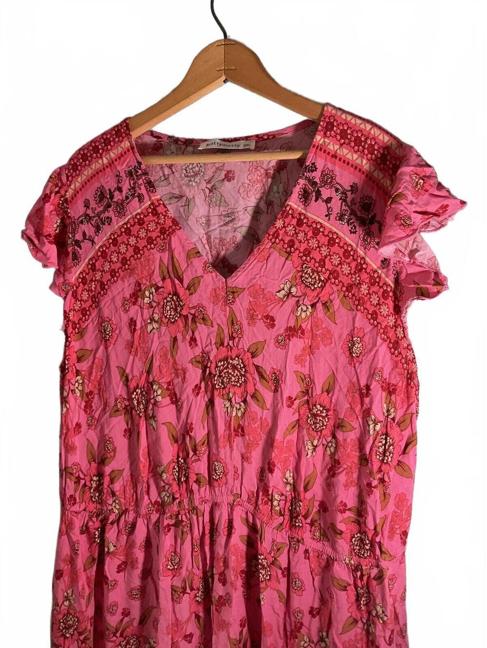 Rusttydustty Bohemian Pink Floral Maxi Dress with Ruffle Sleeves 2XL - Picture 4 of 11